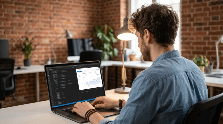 Entwickler arbeitet an einem Dashboard-Tool auf dem Laptop
