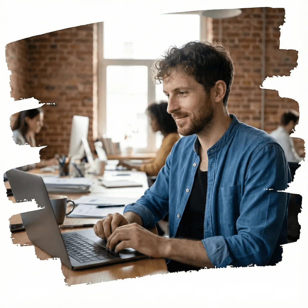 Freiberufler arbeitet entspannt an seinem Laptop in einem kreativen Berliner Büro