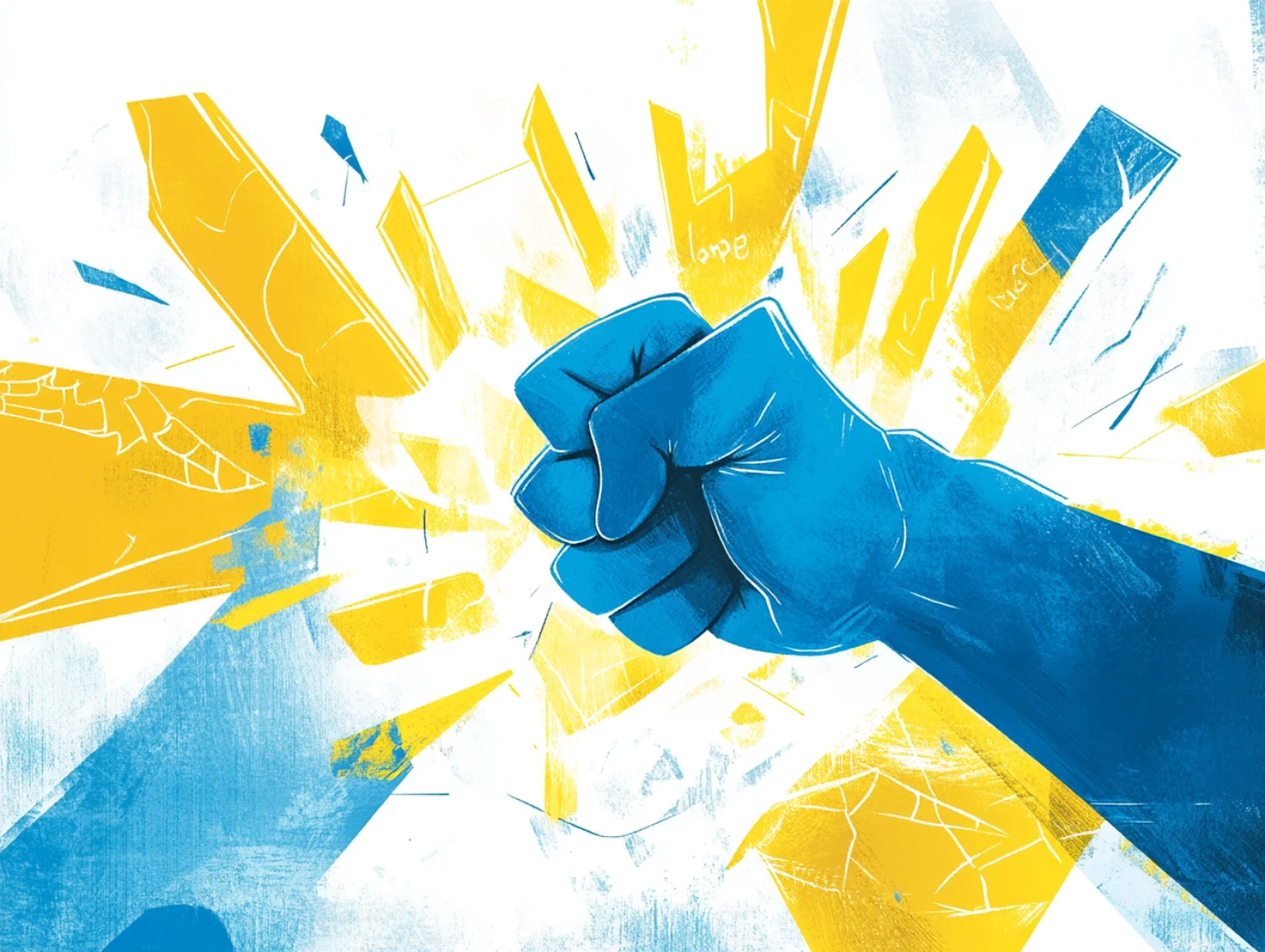 Eine kraftvolle Faust, die sich durch den Text bricht, mit leuchtenden, fetten Wörtern, die aus einer Überschrift hervortreten und visuelle Wirkung und Stärke demonstrieren.