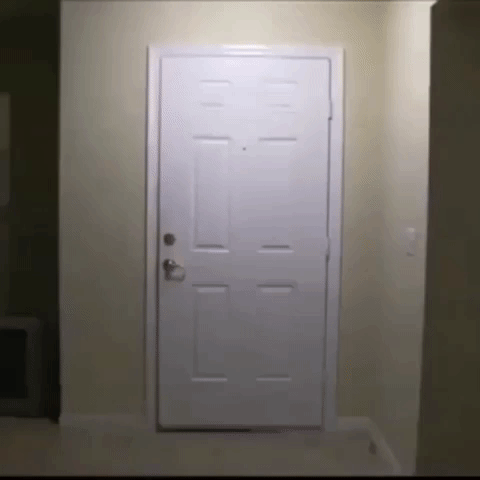 Ein GIF bei der ein Maskottchen eine Tür eintritt